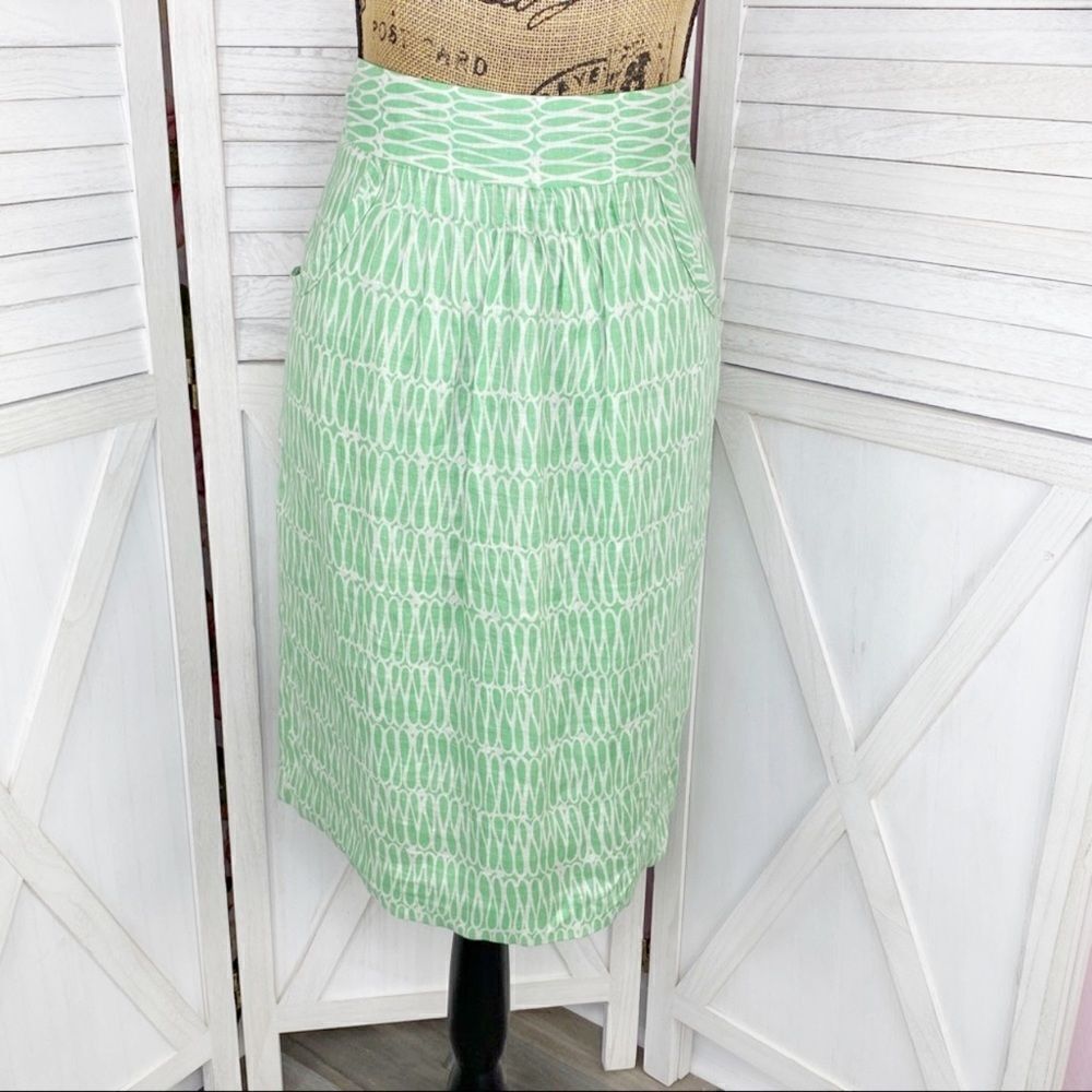Boden Pintuck Printed Linen Skirt Green Ivory 6 Knee Length Pencil Preppy‎